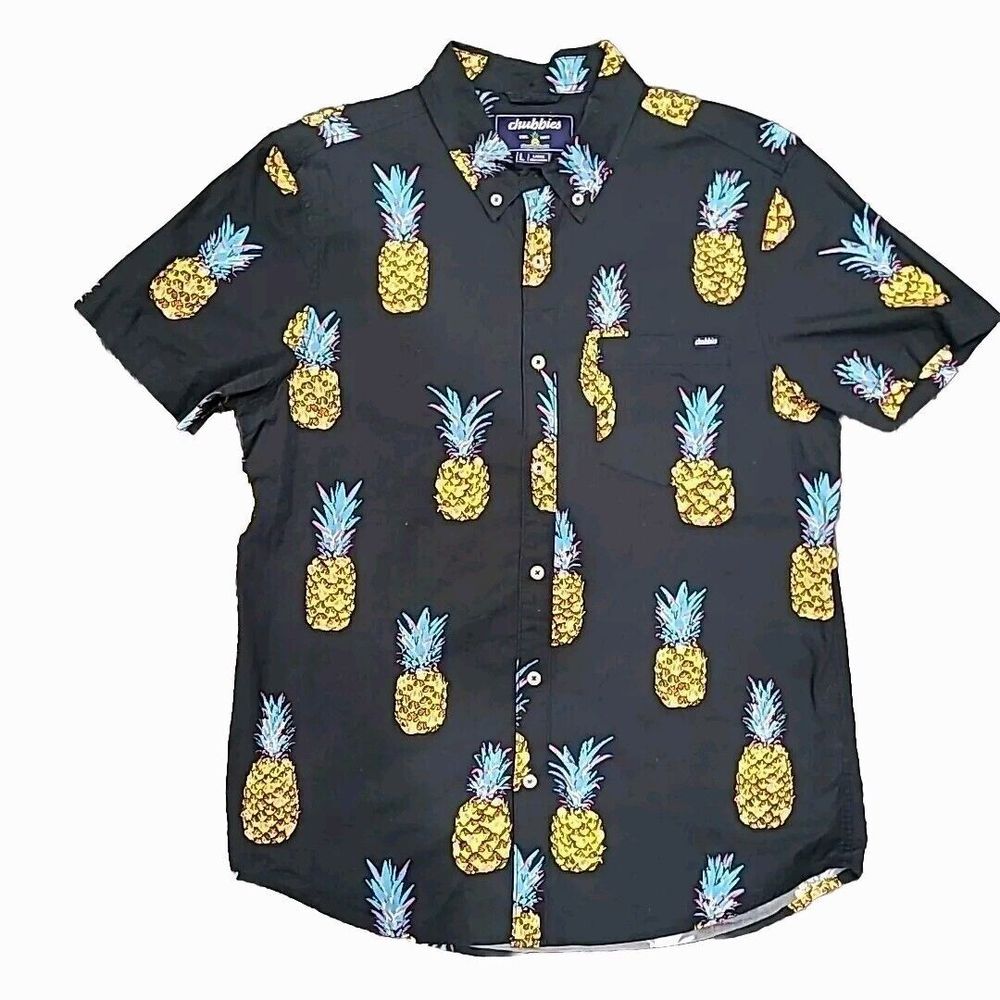 Chubbies Shirt Mens L Black Pineapple Hawaiian Beach‎ Pocket Short Sleeve Cotton
